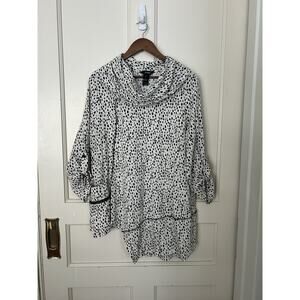 Ali Miles Cowl Neck Confetti Gauzy Tunic Blouse Womens Size Large Black White